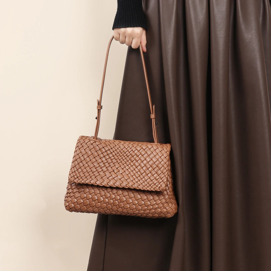 Custom Luxury Designer Women Soft PU Leather Woven Autumn Fashion Polyester Lining Shoulder Crossbody Bags
