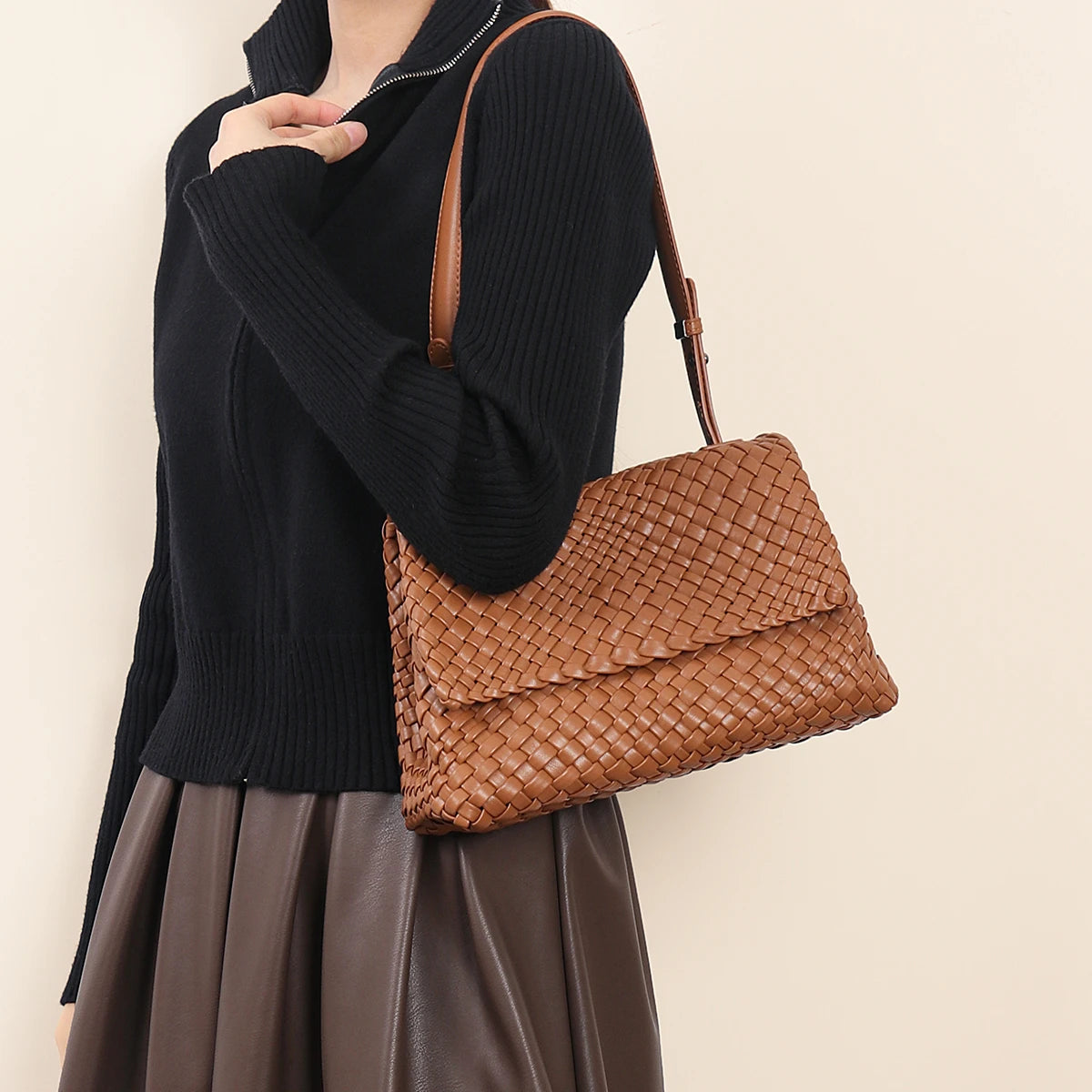 Custom Luxury Designer Women Soft PU Leather Woven Autumn Fashion Polyester Lining Shoulder Crossbody Bags