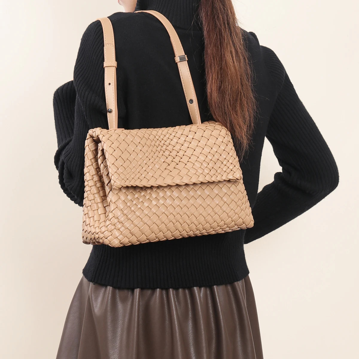 Custom Luxury Designer Women Soft PU Leather Woven Autumn Fashion Polyester Lining Shoulder Crossbody Bags