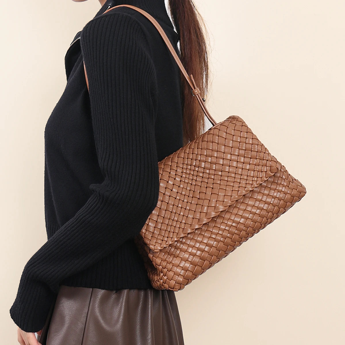 Custom Luxury Designer Women Soft PU Leather Woven Autumn Fashion Polyester Lining Shoulder Crossbody Bags